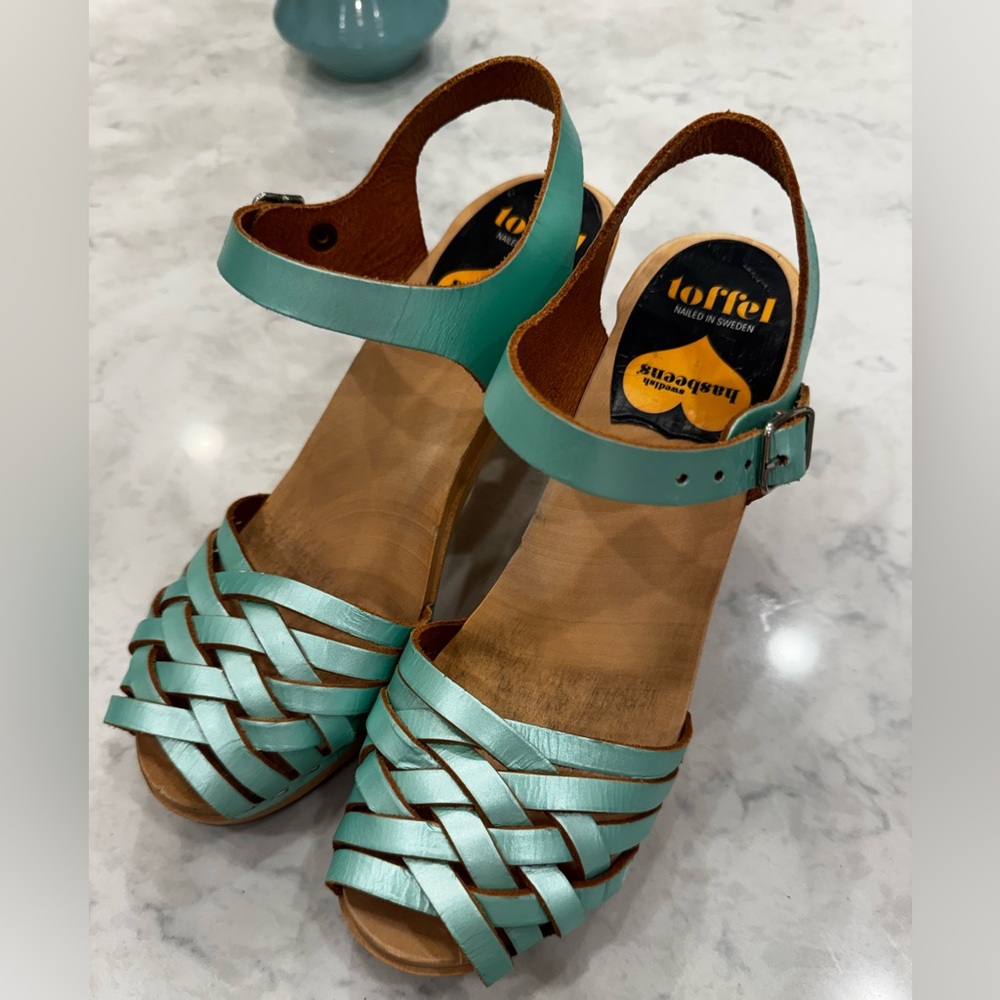 Swedish Hasbeens Turquoise Braided Clog Heels EU 38 | Wood Platform